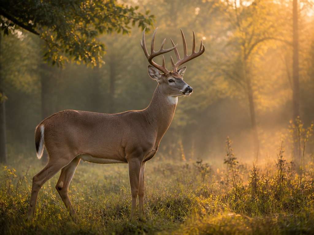 Whitetail deer standing in a golden forest clearing