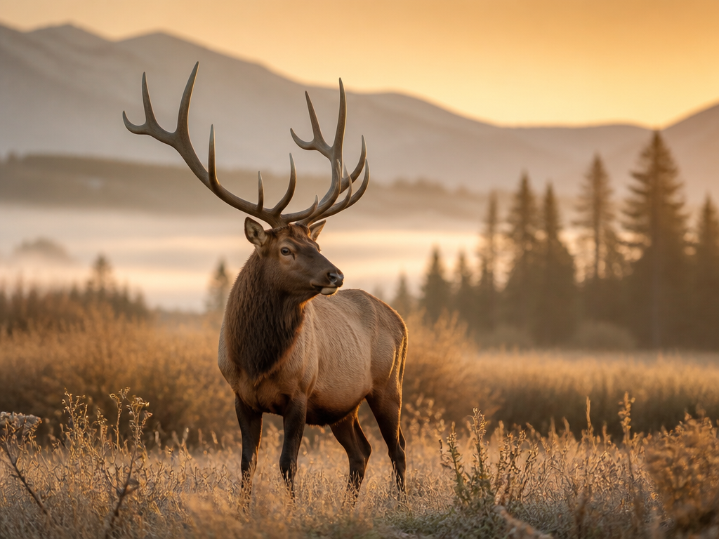 Bull elk standing in a misty mountain meadow at golden hour