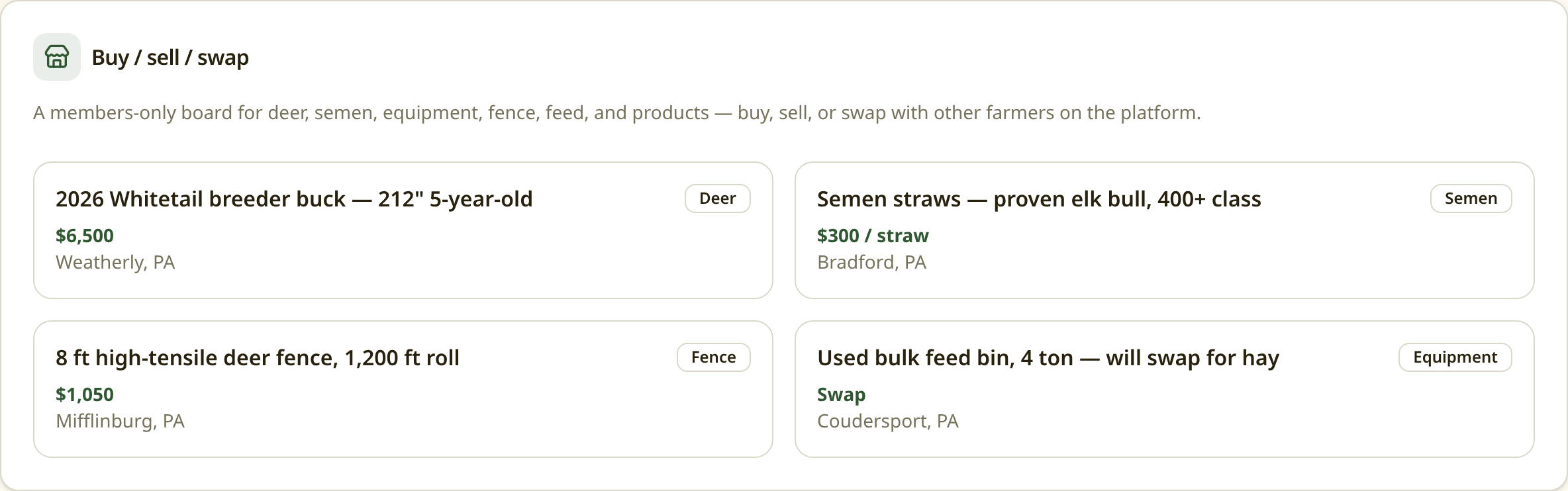Buy / sell / swap screen in Deer Farmers Friend